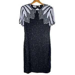 Stenay‎ Dress Women 8 Black 100% Silk Beaded Feather Evening Gala NYE Party Glam